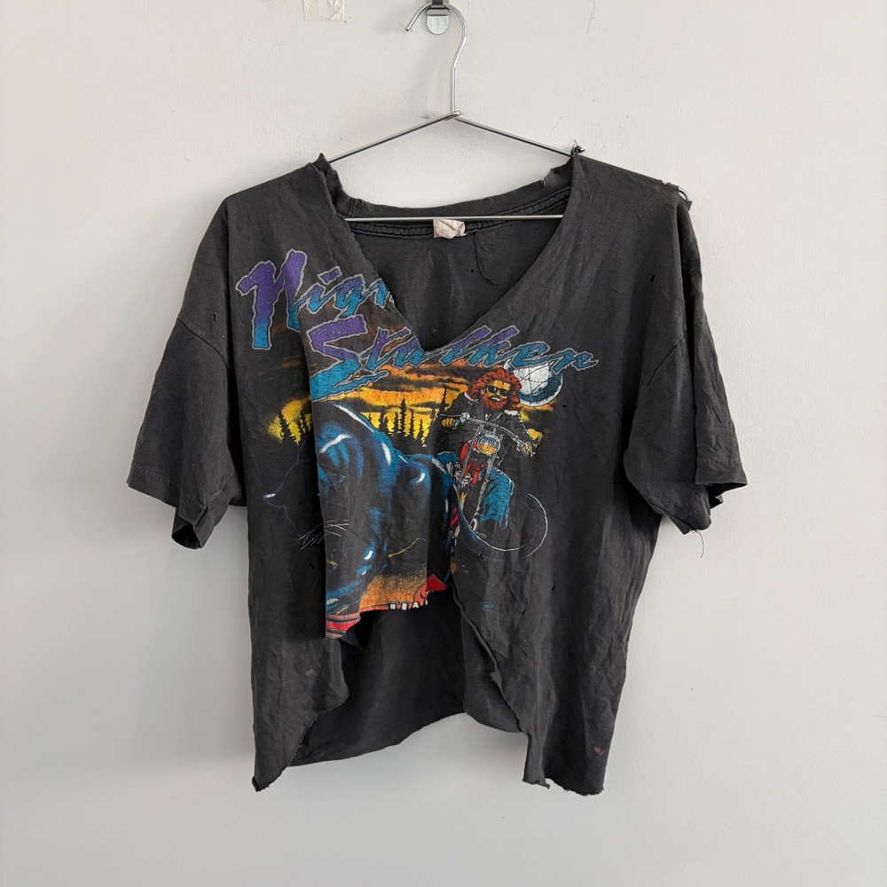 Vintage Night Stalker Biker Graphic T-Shirt Distressed Black Short Sleeve Tee